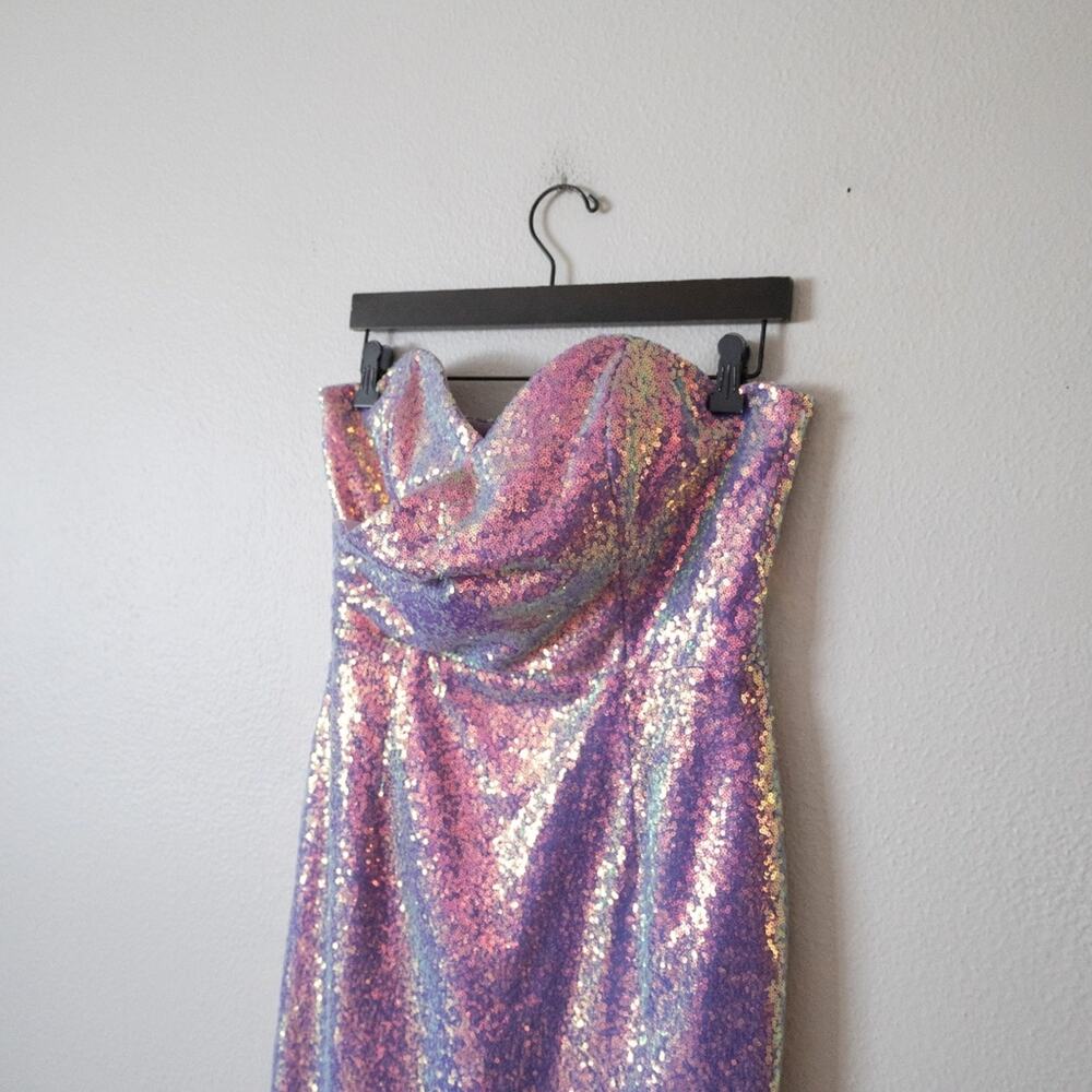 Lavish Alice Women's Purple Sequin Strapless Feather Trim Dress - Picture 6 of 6